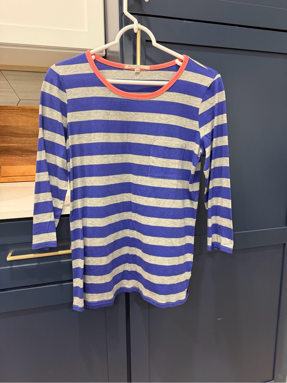 GAP Blue and Light Gray Striped Top with Coral Neck Trim